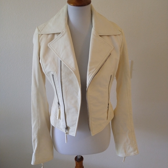 True Religion Off White Leather Moto Jacket - Picture 1 of 16